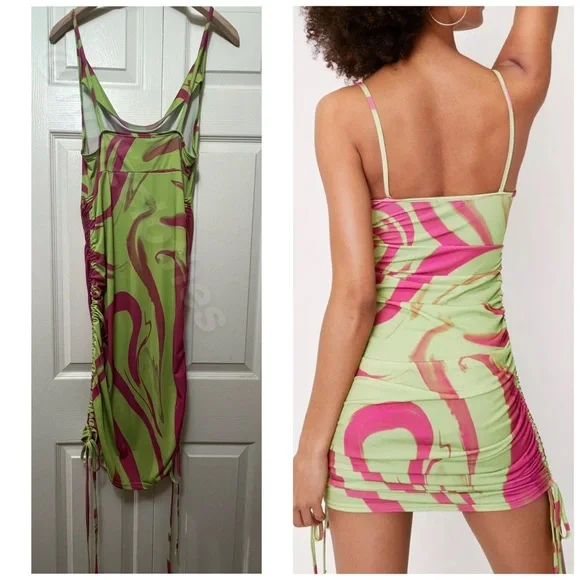 Nasty Gal Lime Green & Hot Pink Marble Print Ruched Cowl Neck Dress NWT - Picture 8 of 14